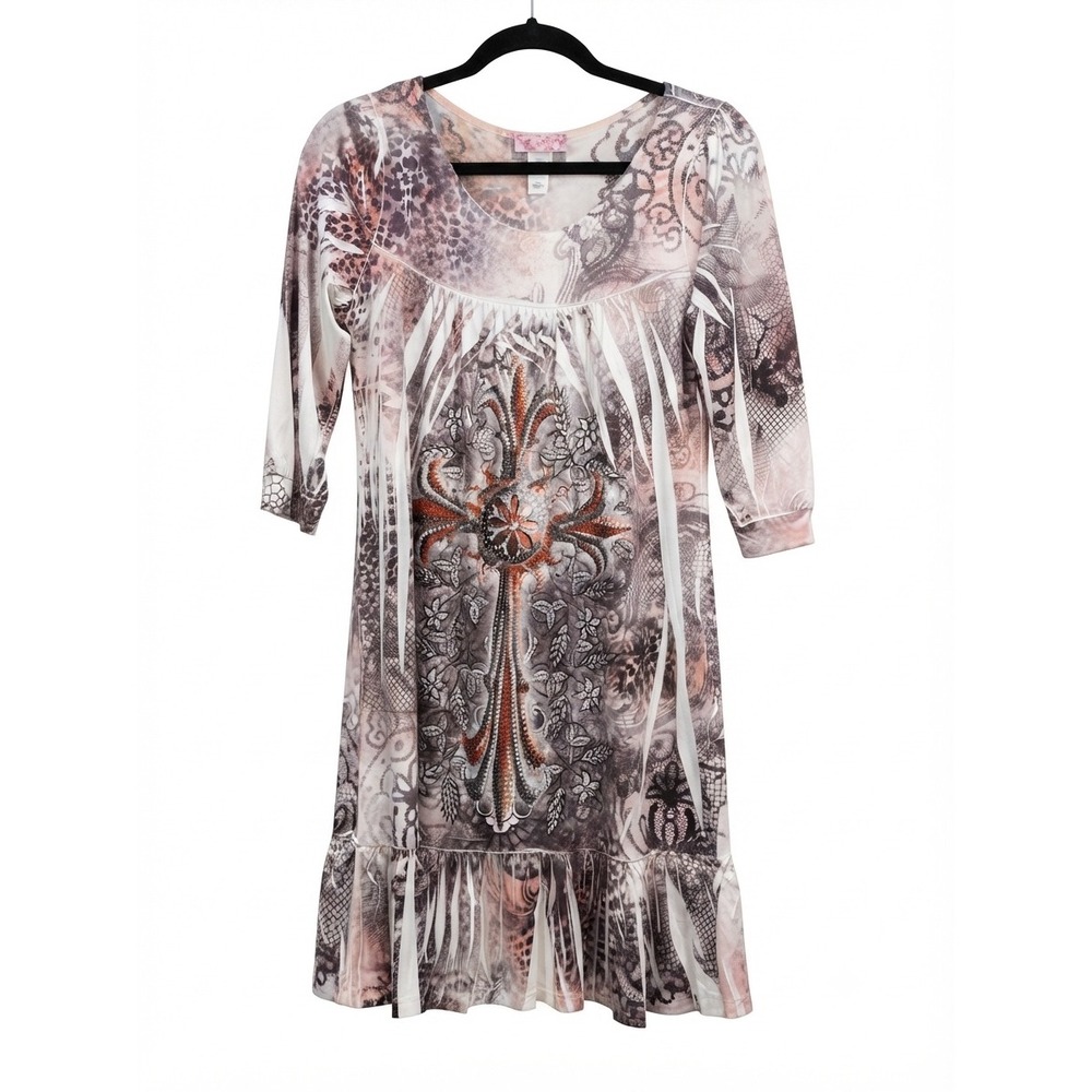R Rouge USA Cross Graphic Tunic Dress Brown White Leopard Print Ruffle Hem S